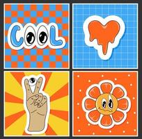 Funny cartoon characters. Vector illustration of flower, heart, hand and cool text