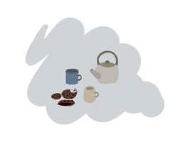 Vector set of cozy tea pot cups and cookies