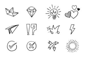 Hand drawn vector collection of diamonds, paper boats, paper boats, question marks, check marks and more.