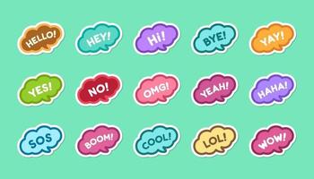 Cute speech bubble with short phrases hello, bye, yes, no, yay, cool, wow, haha icon set. Simple flat vector illustration.