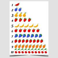 Table for learning counting up to ten with cute colourful fruit and berry icons. Educational material for children to develop counting and arithmetic skills. Handy exercise chart. Vector illustration.