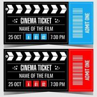 Cinema ticket vector design template in the form of cinematography clapperboard or dumb slate. Film ticket with movie title, date, time and bar code suitable for web, social posts or ready to print.