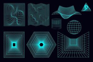 geométrico formas y rejillas en neón color. resumen antecedentes, patrones, cyberpunk elementos en de moda psicodélico estilo. retro futurista 00s y2k estético. vector