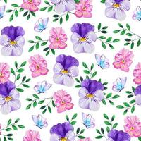 Watercolor pink and purple pansy flowers seamless pattern botanical background for gift paper, fabric, decorations vector