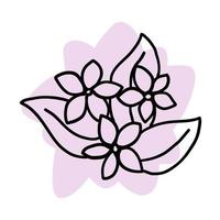 Flower in outline doodle flat style with colorful lilac brush. Simple floral element plant decorative design. Hand drawn line art. Creative sketch. Vector illustration isolated on white background.