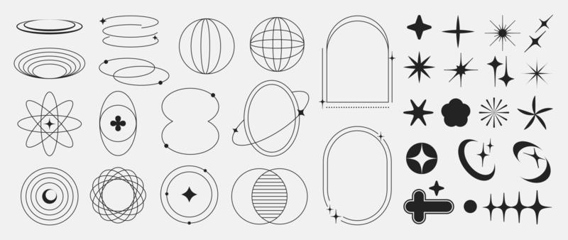 Set of geometric shapes in trendy 90s style. Black trendy design with frame, sparkles, heart, flower, star, lines. Y2k aesthetic element illustrated for banners, social media, poster design, sticker.