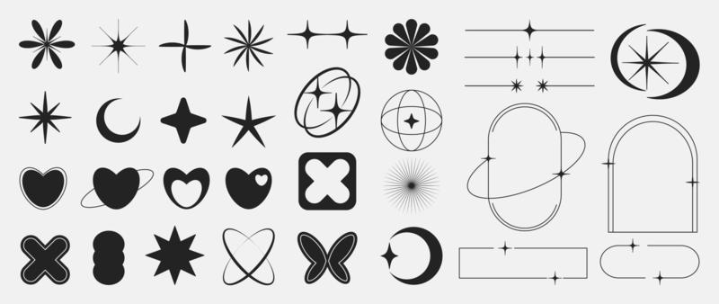Set of geometric shapes in trendy 90s style. Black trendy design with frame, sparkles, heart, flower, star, lines. Y2k aesthetic element illustrated for banners, social media, poster design, sticker.
