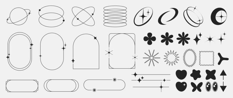 Set of geometric shapes in trendy 90s style. Black trendy design with frame, sparkles, heart, flower, star, lines. Y2k aesthetic element illustrated for banners, social media, poster design, sticker.