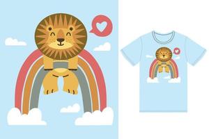 cute lion in rainbow illustration with tshirt design premium vector