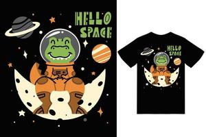 Cute dino on the moon illustration with tshirt design premium vector