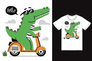 Cute dinosaur reading scooter illustration with tshirt design premium vector