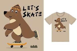 linda oso jugando patineta ilustración con camiseta diseño prima vector