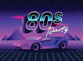 Retro 80s sci-fi futuristic style background with supercar. Vector retro futuristic synth wave illustration in 1980s posters style. Retro Nostalgic vaporwave cyberpunk artwork with vibrant neon colors