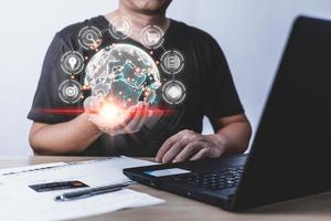 Businessman using computer laptop. banking and financial , Business global internet connection application technology and digital marketing, cloud computing,big data, Digital link tech. photo