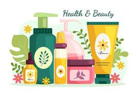 belleza y salud ilustración con natural productos cosméticos y eco productos para problemático piel o tratamiento cara en mujer dibujos animados mano dibujado plantillas vector