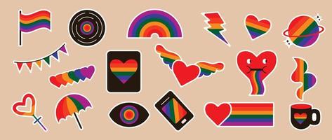 Happy Pride LGBTQ element set. LGBTQ community symbols with rainbow flag, heart, rainbow, glass. Elements illustrated for pride month, bisexual, transgender, gender equality, sticker, rights concept. vector