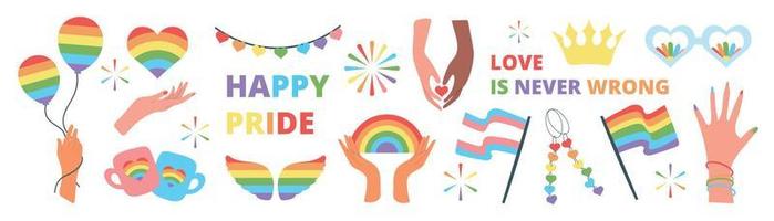 Happy Pride LGBTQ element set. LGBTQ community symbols with rainbow flag, balloon, crown, quote. Elements illustrated for pride month, bisexual, transgender, gender equality, sticker, rights concept. vector