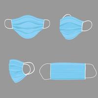 Surgical face mask, vector illustration. Blue medical protective masks, from different angles isolated on white. Corona virus protection mask with ear loop, in a front, three-quarters, and side views.