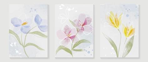 Abstract floral cover background vector. Set of spring plant hand drawn template with flowers, leaves, wildflower. Colorful watercolor texture design for wallpaper, banner, prints, interior, poster. vector