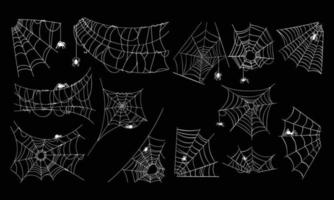 un conjunto de ilustrado araña webs aislado en negro antecedentes vector