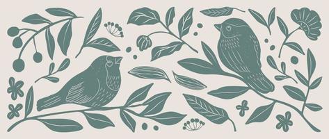 Matisse art background vector. Abstract natural hand drawn pattern design with bird, flower, leaves. Simple contemporary style illustrated Design for fabric, print, cover, banner, wallpaper. vector