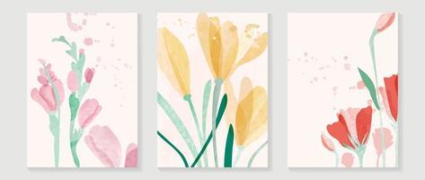Abstract floral cover background vector. Set of spring plant hand drawn template with flowers, leaves, wildflower. Colorful watercolor texture design for wallpaper, banner, prints, interior, poster. vector