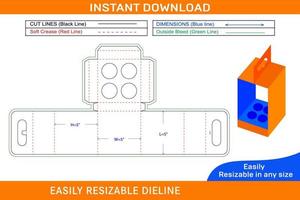 Coffee cup carry box with handle die cut template and 3D box Box dieline and 3D box vector