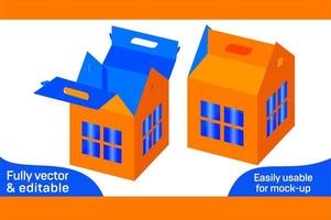 House shaped wedding favor box with window die cut template 3D box vector