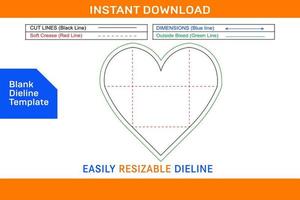 Heart shaped envelope dieline template and 3D envelope design Blank dieline template vector