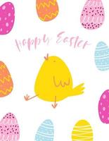 Happy Easter graphic greeting card. Hand drawn colorful eggs and funny cute chicken in modern minimalist style vector