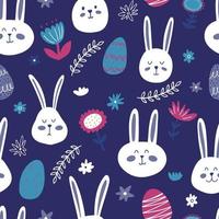 Seamless pattern with cute hand drawn bunnies and flower meadow. Vector Easter kids background with rabbits, plants and eggs for wrapping paper, textile, card, banner, wallpaper