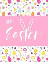 Happy Easter greeting card on floral background. Hand drawn colorful plants and bunny ears in modern minimalist style vector