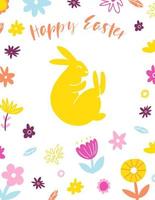 Happy Easter graphic greeting card. Hand drawn colorful plants and bunny in modern minimalist style vector