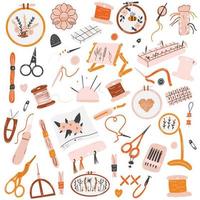 Concept of sewing, embroidery, handicraft, hobby. Hand drawn vector needlework tools as scissors, needles, threads, hoops, floss, organizers, bobbins