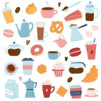 grande conjunto de café artículos como café fabricantes, tazas, panadería, leche. mano dibujado íconos en dibujos animados plano estilo. vector