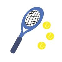 Tennis racket with ball in cartoon style. Vector flat illustration with white isolated background.