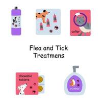 Flea and Tick Topical Solutions. Shield for cats and dogs. Repels and kills flea and tick. Drops, collar, pills and shampoo for dogs and cats. Vector illustration. White isolated background.