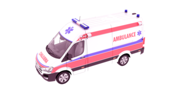 een wit en oranje ambulance met blauw en rood strepen. de ambulance auto's top engel kant visie is geïsoleerd Aan wit achtergrond. 3d illustratie, ambulance noodgeval vrachtauto png