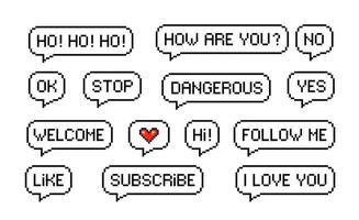 Pixel speech bubble messages, like, subscribe chat vector