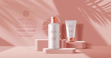 Pink podium with palm leaves and cosmetics mockup vector