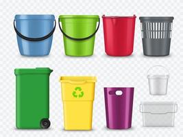 Plastic buckets, trash cans or containers mockup vector