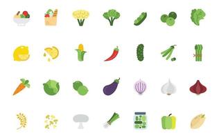 vegetales plano icono colocar, incluir ensalada, guisantes, pimienta, Lima, limón, cebolla, pepinillos, comestibles, brócoli, repollo, maíz y Pepino y Zanahoria y cebollín, chile vector eps archivo