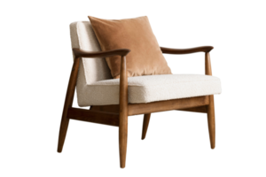 White chair with wooden legs and brown cushion isolated on a transparent background png