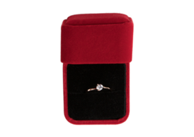 Red engagement ring box and ring isolated on a transparent background png