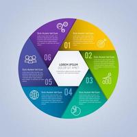 Business infographic template with step or option design. Infographics six options. Diagram with hexagons. Vector design.