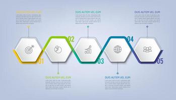 Business infographic template with step or option design. Infographics five options. Diagram with hexagons. Vector design.