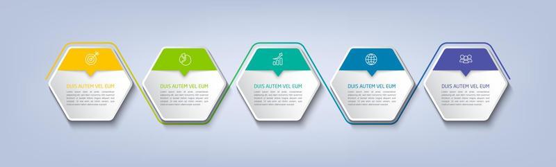 Business infographic template with step or option design. Infographics five options. Diagram with hexagons. Vector design.