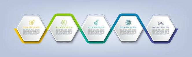 Business infographic template with step or option design. Infographics five options. Diagram with hexagons. Vector design.