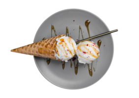 Black plate with ice cream isolated on a transparent background png