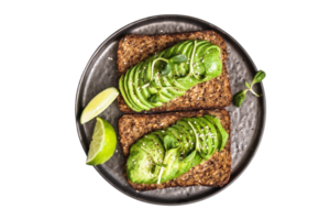 Black plate with toast and avocado slices isolated on a transparent background png